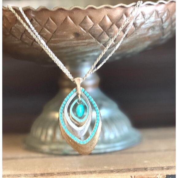 Boho Southwestern Silver Tone Teardrop Necklace w/ Turquoise Beads, Statement - Picture 1 of 4